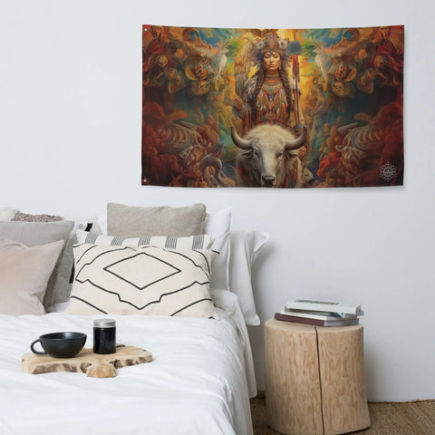 About my Brain Institute Wall Art White Buffalo Calf Woman Goddess Flag Wall Art