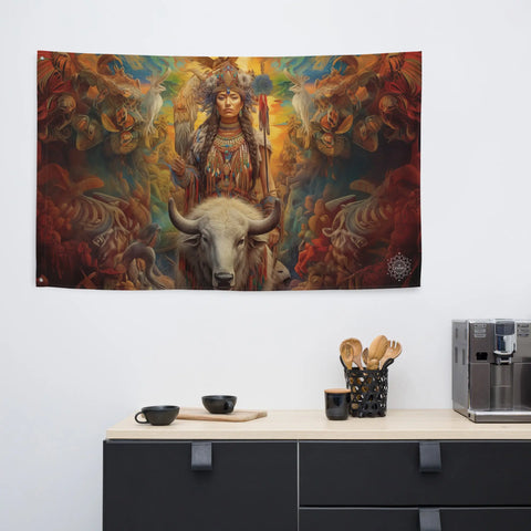 About my Brain Institute Wall Art White Buffalo Calf Woman Goddess Flag Wall Art