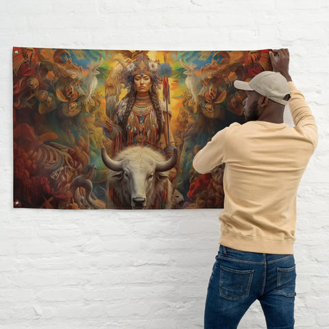 About my Brain Institute Wall Art White Buffalo Calf Woman Goddess Flag Wall Art