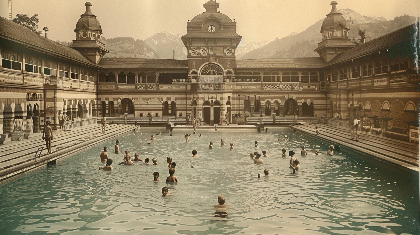 A 100-Year Perspective on How Leadership and Wellbeing Have Changed - AI recreation of Thermal swimming pool at Bad Ragaz